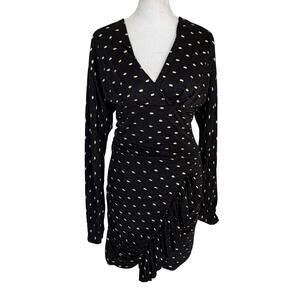 IRO Paris Black and Gold Ruched Long Sleeve V-Neck Dress Womens Size 34 XS